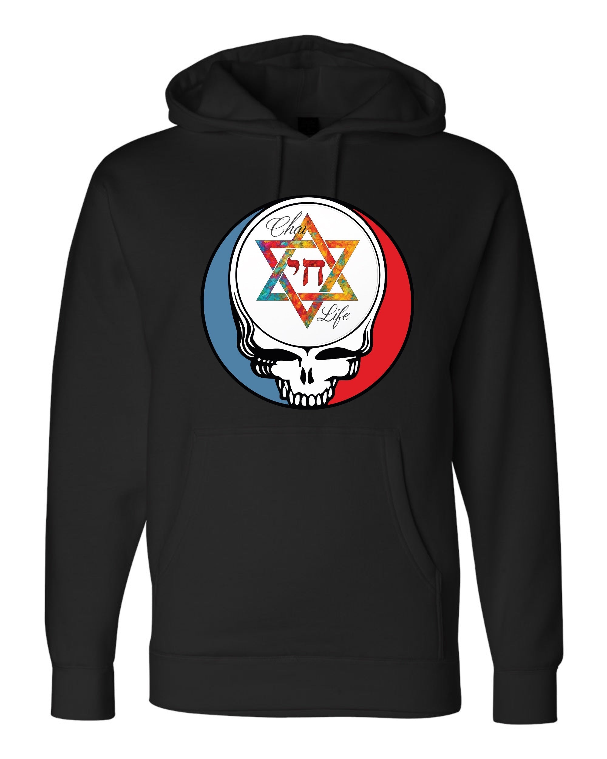 Chai Life black hoodie with Hebrew Chai symbol and Star of David supporting Kibbutz Be'eri