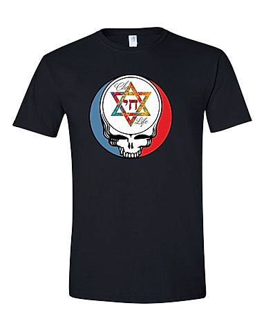 Chai Life black t-shirt with Hebrew Chai symbol and Star of David supporting Kibbutz Be'eri