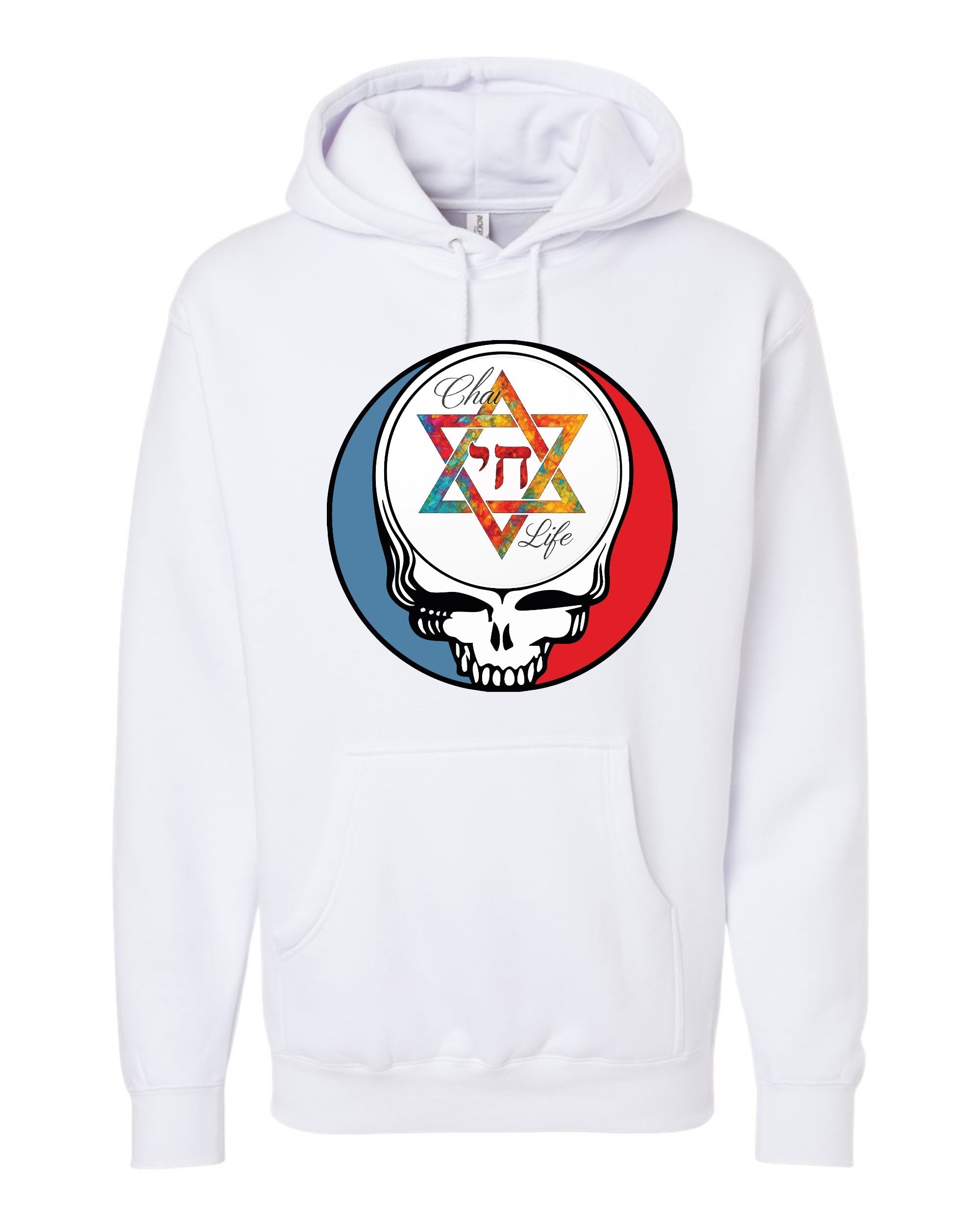 Chai Life white hoodie with Hebrew Chai symbol and Star of David supporting Kibbutz Be'eri