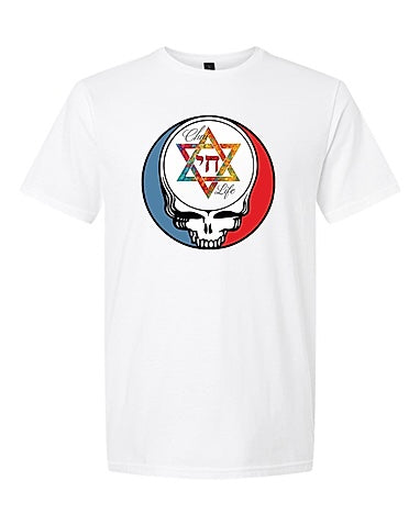 Chai Life white t-shirt with Hebrew Chai symbol and Star of David supporting Kibbutz Be'eri