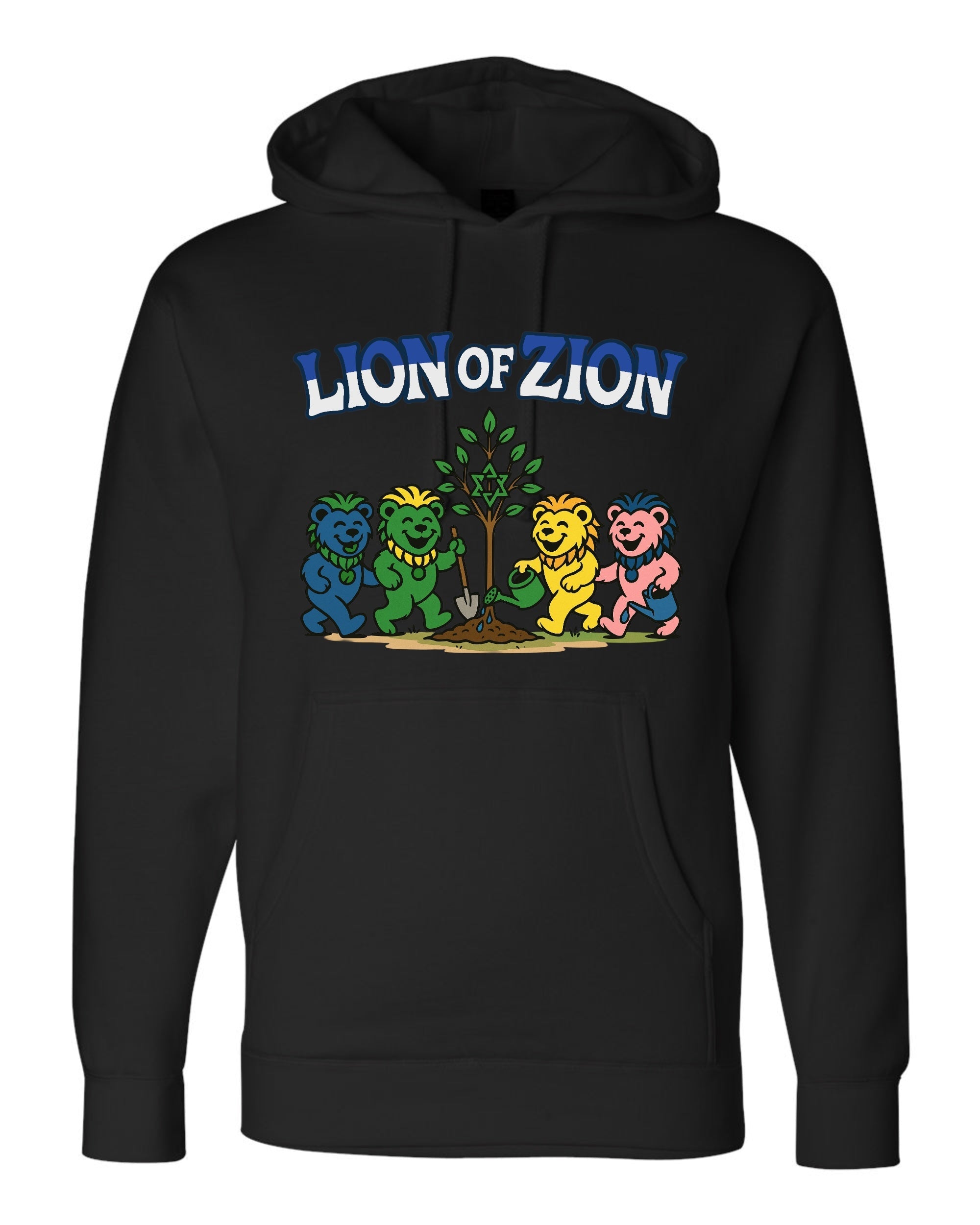 JNF Lion of Zion black hoodie with dancing bears planting trees supporting Kibbutz Be'eri