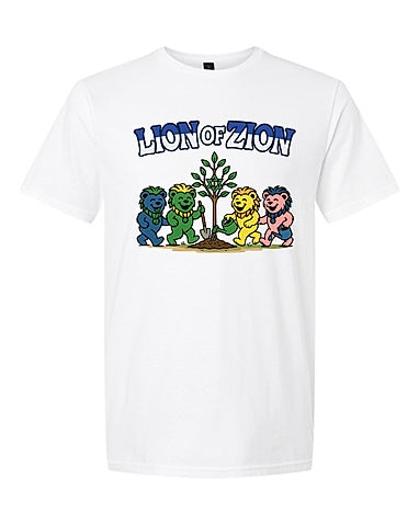 JNF Lion of Zion white t-shirt with dancing bears planting trees supporting Kibbutz Be'eri