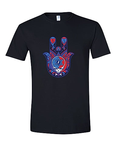 Jerry Hamsa black t-shirt with Hamsa hand and Star of David supporting Kibbutz Be'eri