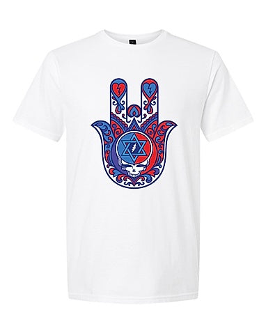 Jerry Hamsa white t-shirt with Hamsa hand and Star of David supporting Kibbutz Be'eri