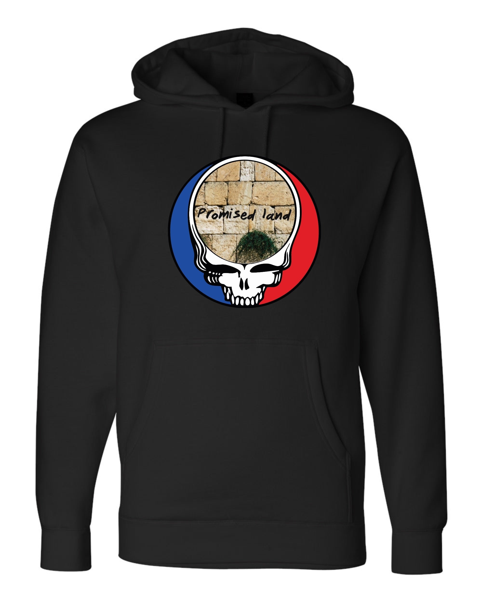 Promised Land black hoodie with Western Wall Jerusalem design supporting Kibbutz Be'eri