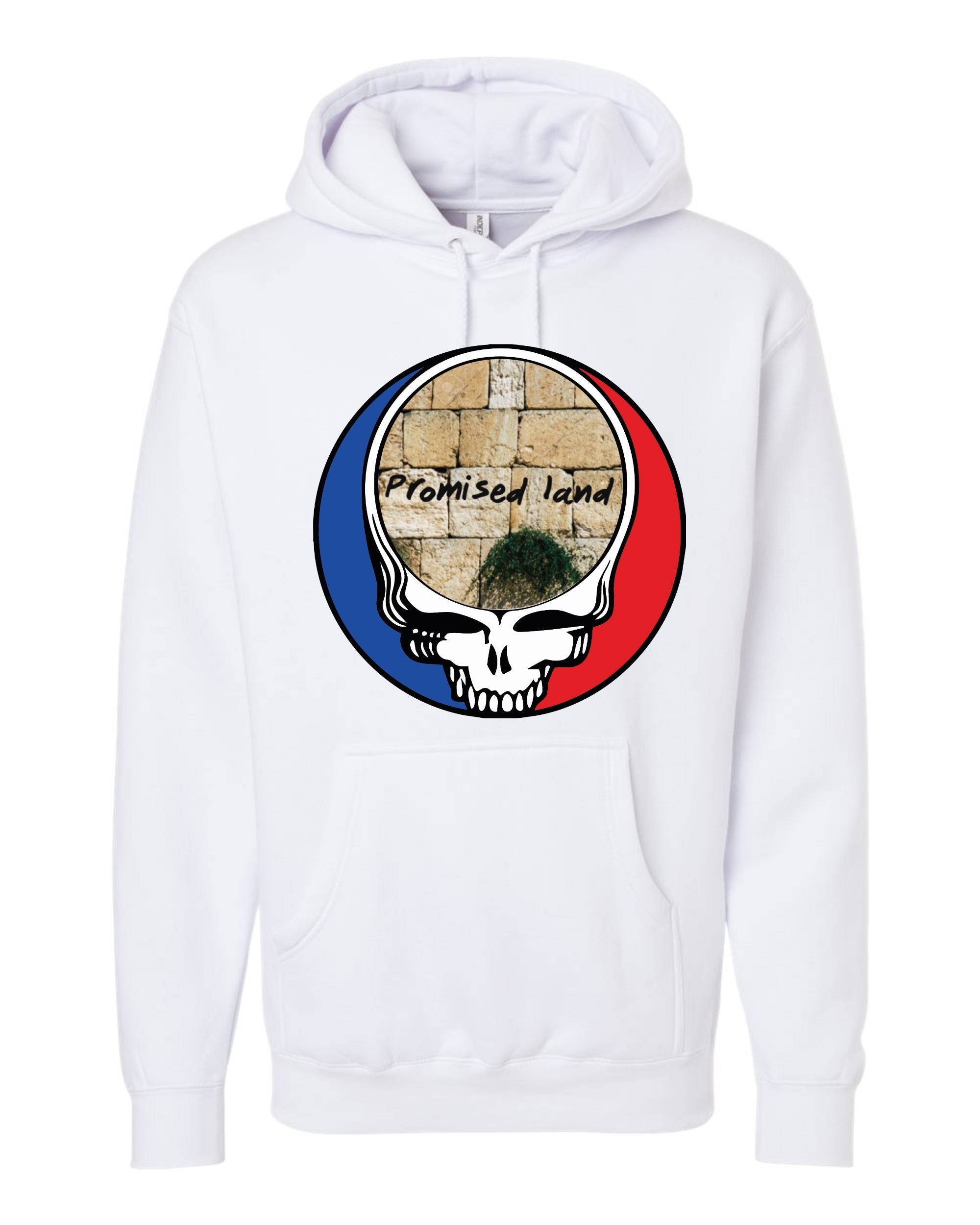 Promised Land white hoodie with Western Wall Jerusalem design supporting Kibbutz Be'eri