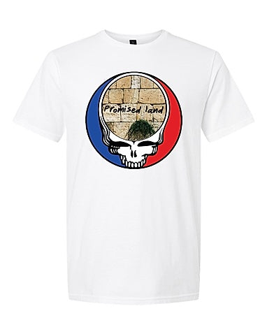 Promised Land white t-shirt with Western Wall Jerusalem design supporting Kibbutz Be'eri