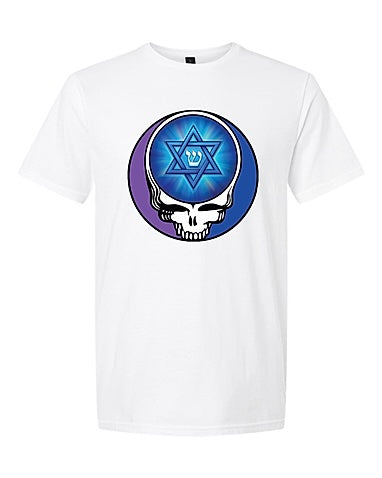 Dark Shin white t-shirt with Hebrew letter Shin and Star of David supporting Kibbutz Be'eri