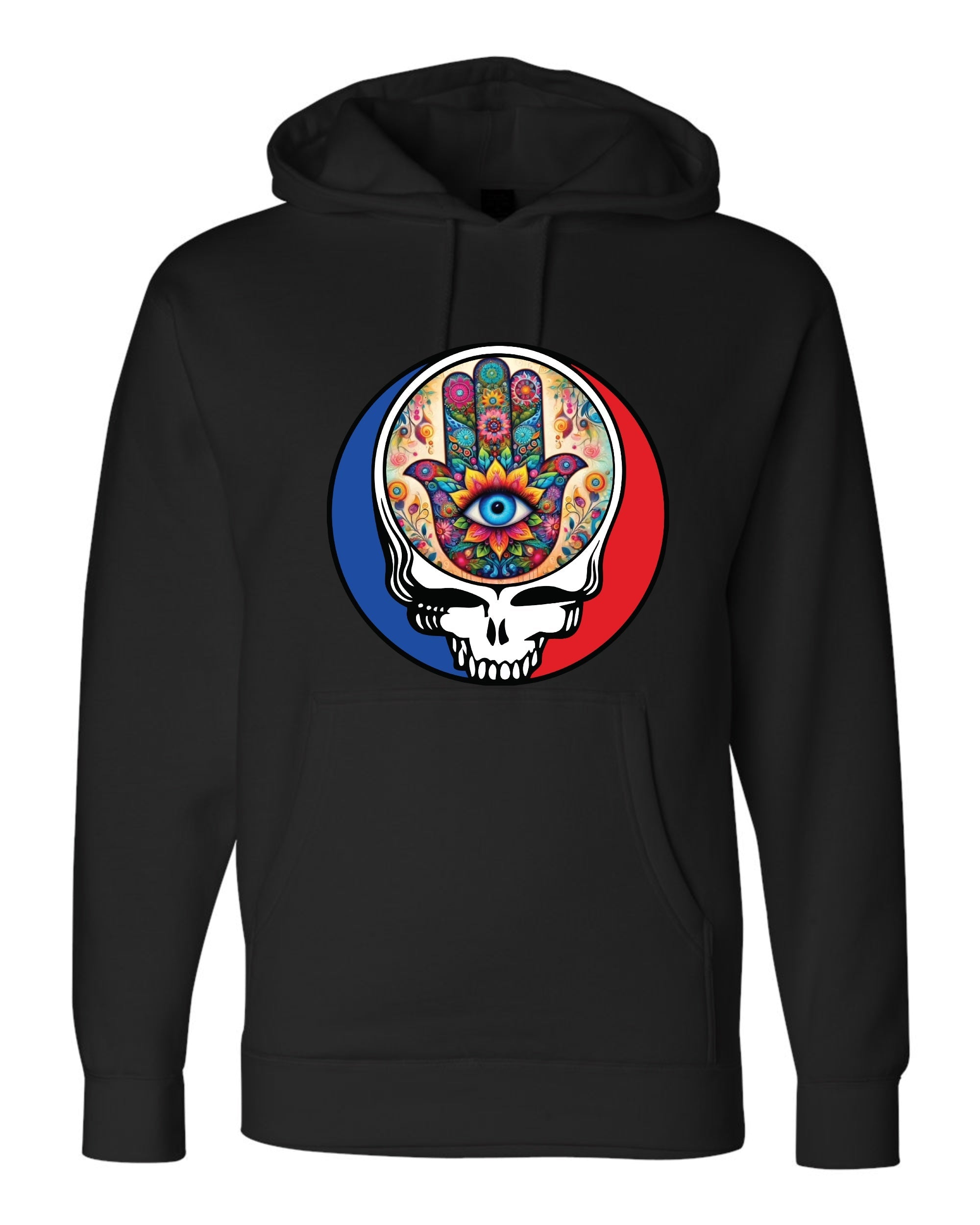 Steal Your Hamsa black hoodie with protective Jewish symbol supporting Kibbutz Be'eri