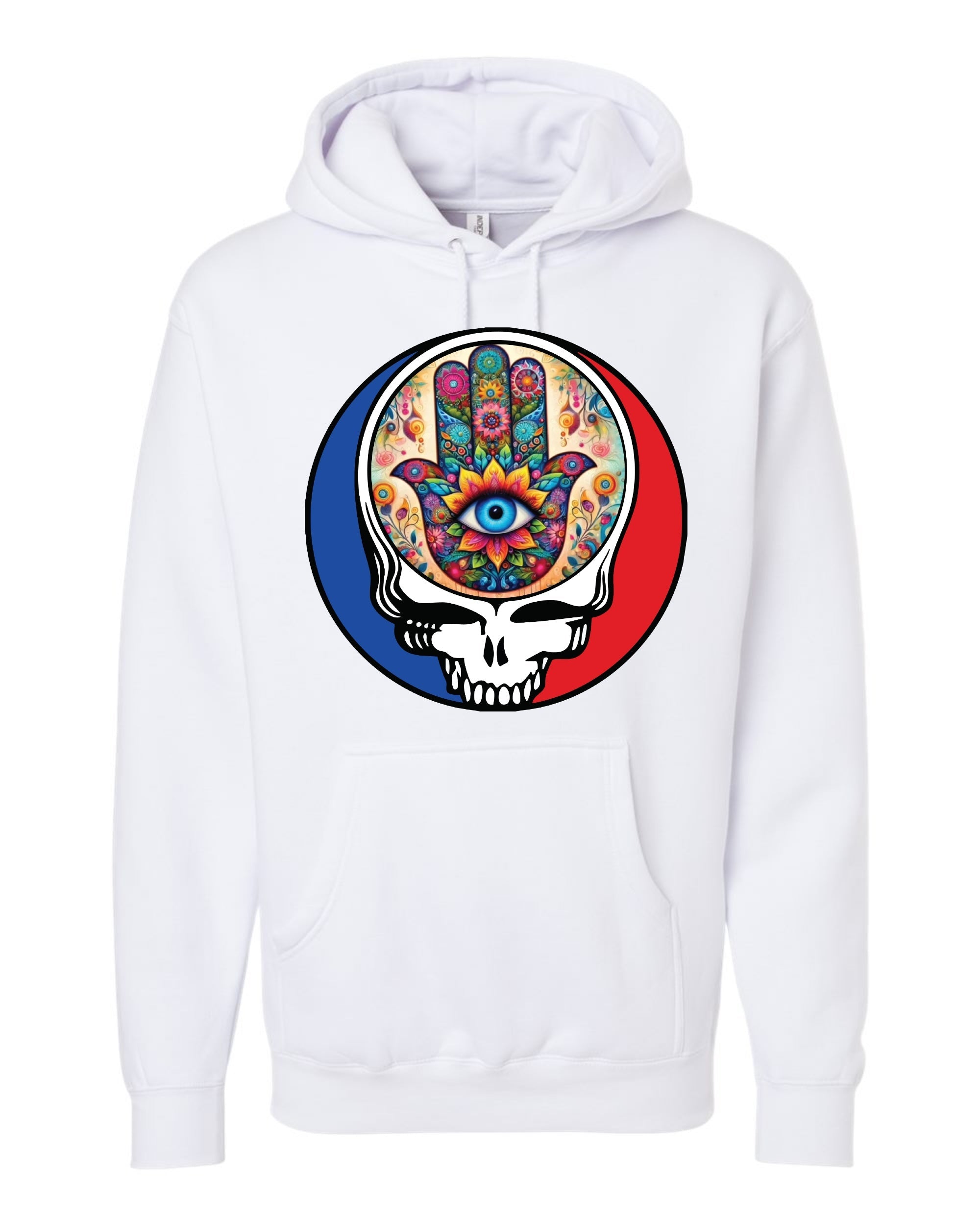 Steal Your Hamsa white hoodie with protective Jewish symbol supporting Kibbutz Be'eri