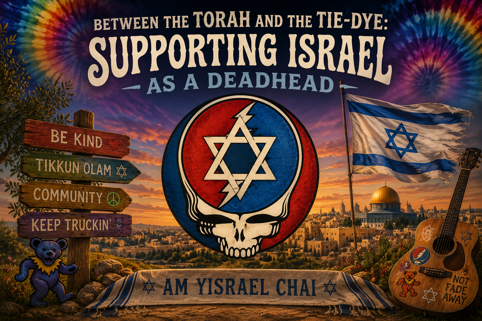 Supporting Israel as a Deadhead banner featuring Jewish values, Israeli flag, Jerusalem skyline, Grateful Dead-inspired artwork, Tikkun Olam, community, and Jewish identity.