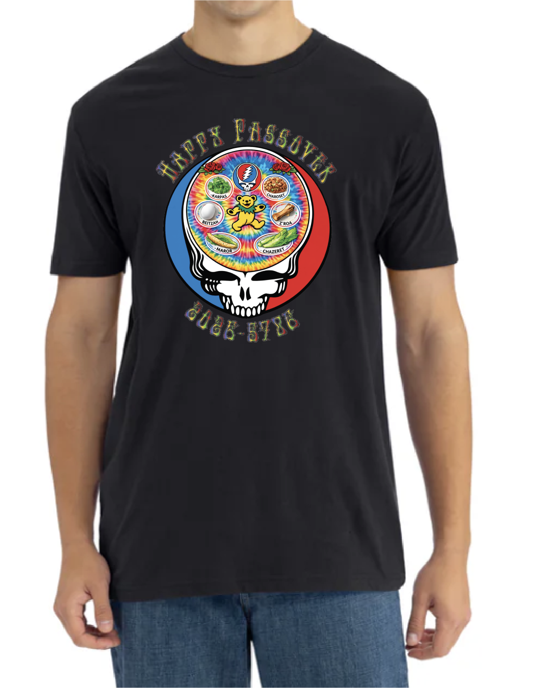 Happy Passover shirt featuring a colorful Seder plate skull design